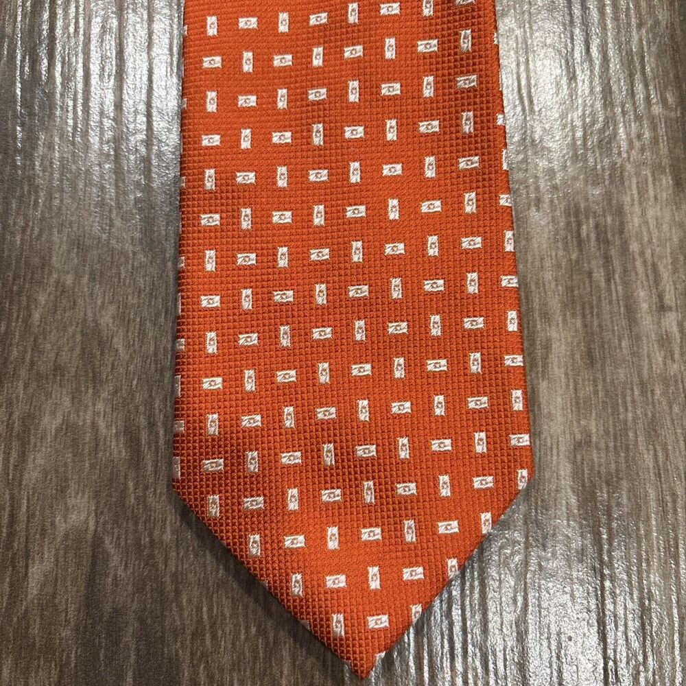 Cravattissma Men’s Orange Handmade Silk Tie Classic With Geometric Pattern